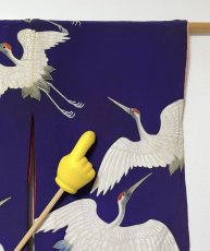 Photo18: JAPANESE KIMONO SILK ANTIQUE HOUMONGI / FLYING CRANE / EMBROIDERY / DARK PURPLE (18)