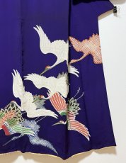 Photo8: JAPANESE KIMONO SILK ANTIQUE HOUMONGI / FLYING CRANE / EMBROIDERY / DARK PURPLE (8)