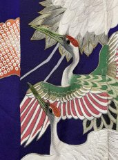 Photo11: JAPANESE KIMONO SILK ANTIQUE HOUMONGI / FLYING CRANE / EMBROIDERY / DARK PURPLE (11)