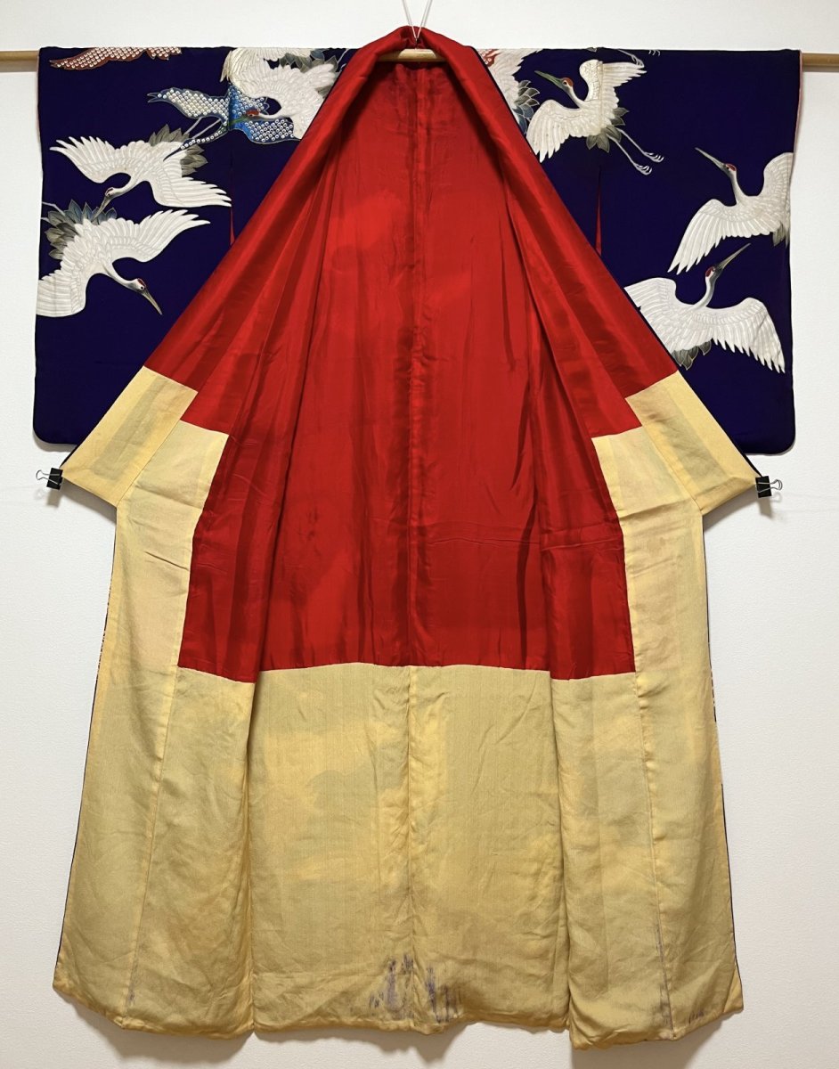 Photo3: JAPANESE KIMONO SILK ANTIQUE HOUMONGI / FLYING CRANE / EMBROIDERY / DARK PURPLE (3)