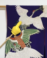 Photo12: JAPANESE KIMONO SILK ANTIQUE HOUMONGI / FLYING CRANE / EMBROIDERY / DARK PURPLE (12)