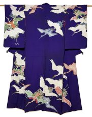 Photo1: JAPANESE KIMONO SILK ANTIQUE HOUMONGI / FLYING CRANE / EMBROIDERY / DARK PURPLE (1)