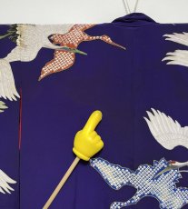 Photo13: JAPANESE KIMONO SILK ANTIQUE HOUMONGI / FLYING CRANE / EMBROIDERY / DARK PURPLE (13)