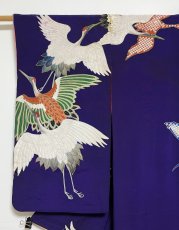 Photo4: JAPANESE KIMONO SILK ANTIQUE HOUMONGI / FLYING CRANE / EMBROIDERY / DARK PURPLE (4)