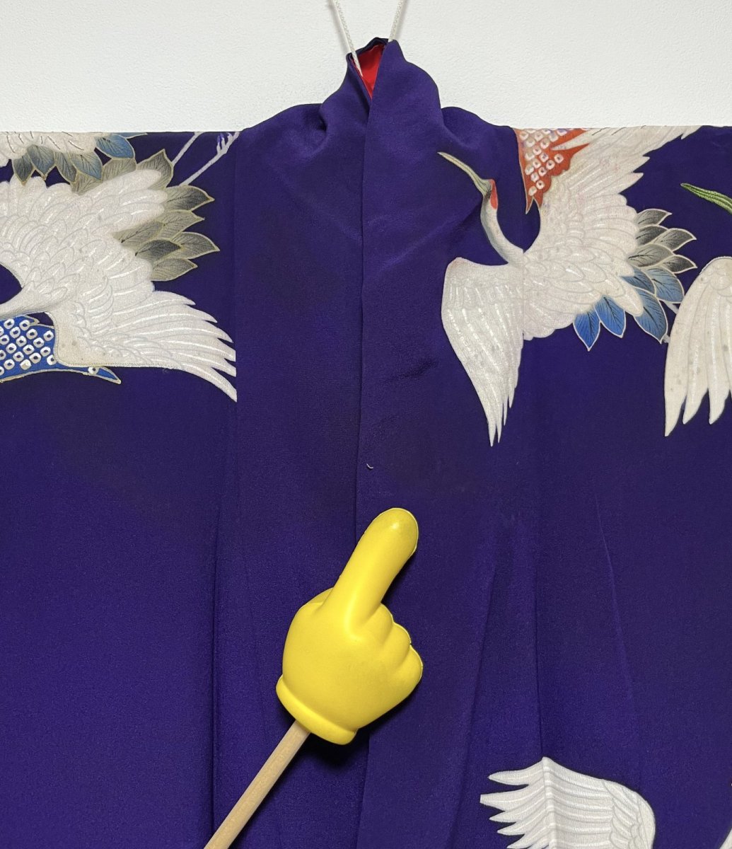 Photo17: JAPANESE KIMONO SILK ANTIQUE HOUMONGI / FLYING CRANE / EMBROIDERY / DARK PURPLE (17)