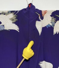 Photo17: JAPANESE KIMONO SILK ANTIQUE HOUMONGI / FLYING CRANE / EMBROIDERY / DARK PURPLE (17)