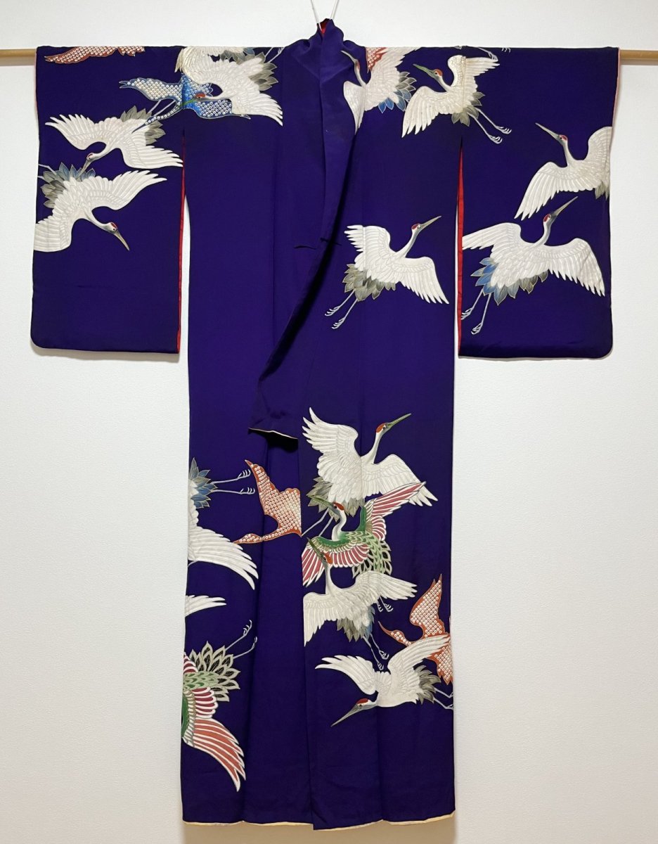 Photo2: JAPANESE KIMONO SILK ANTIQUE HOUMONGI / FLYING CRANE / EMBROIDERY / DARK PURPLE (2)