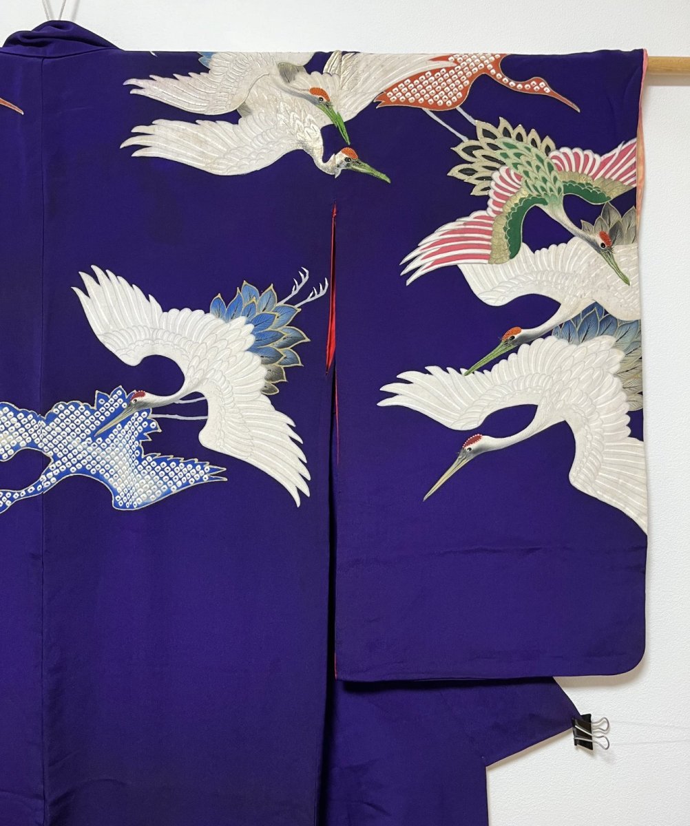 Photo5: JAPANESE KIMONO SILK ANTIQUE HOUMONGI / FLYING CRANE / EMBROIDERY / DARK PURPLE (5)