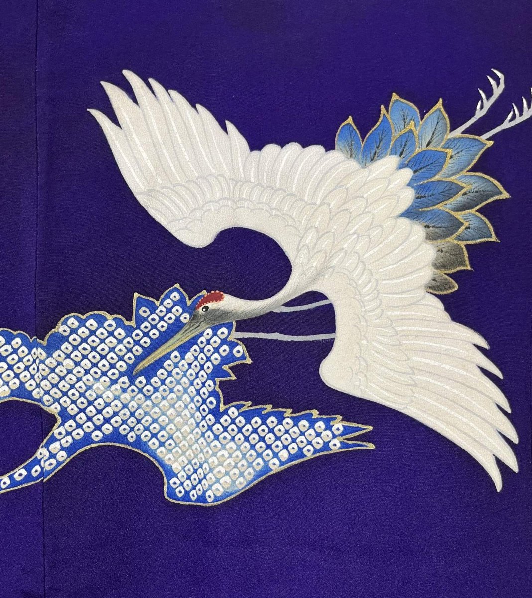 Photo7: JAPANESE KIMONO SILK ANTIQUE HOUMONGI / FLYING CRANE / EMBROIDERY / DARK PURPLE (7)