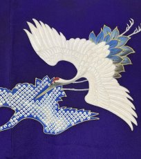 Photo7: JAPANESE KIMONO SILK ANTIQUE HOUMONGI / FLYING CRANE / EMBROIDERY / DARK PURPLE (7)