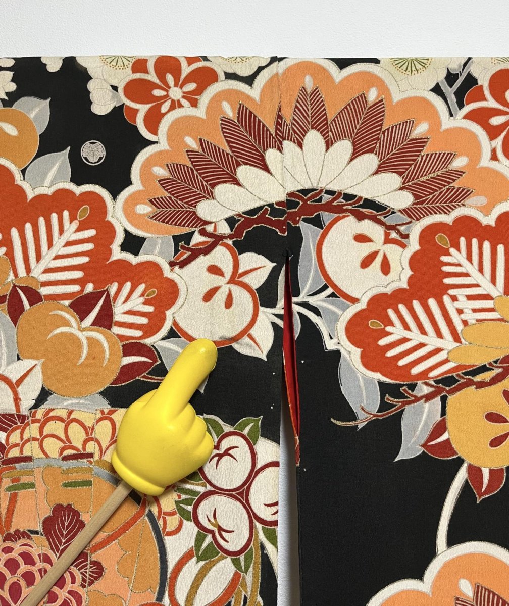 Photo13: JAPANESE KIMONO SILK ANTIQUE FURISODE / SHO-CHIKU-BAI / FAN & CRANE / EMBROIDERY (13)