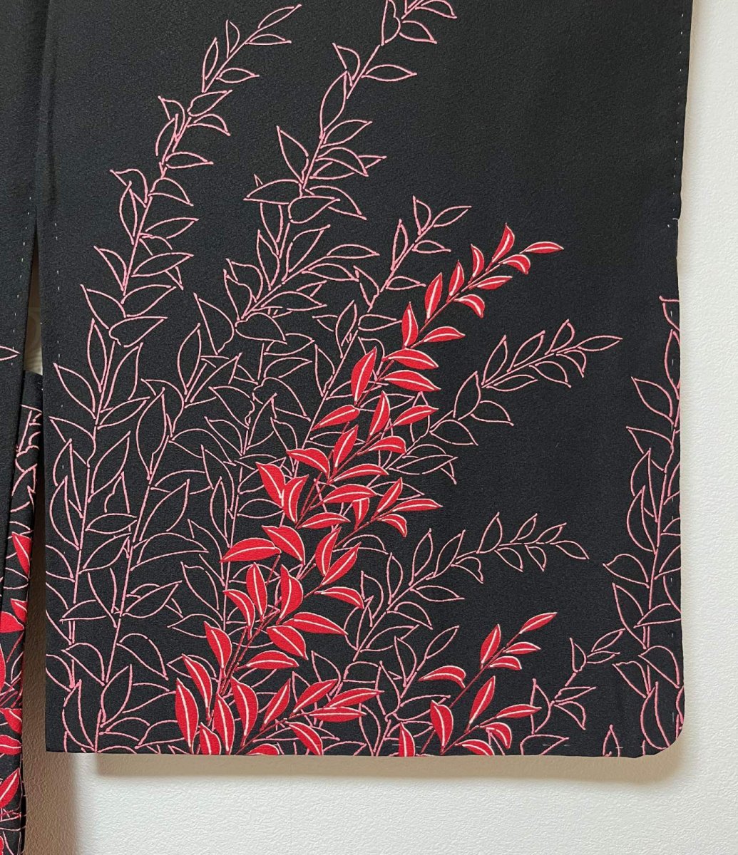Photo5: JAPANESE KIMONO SILK HAORI / LEAF / BLACK / UNUSED (5)