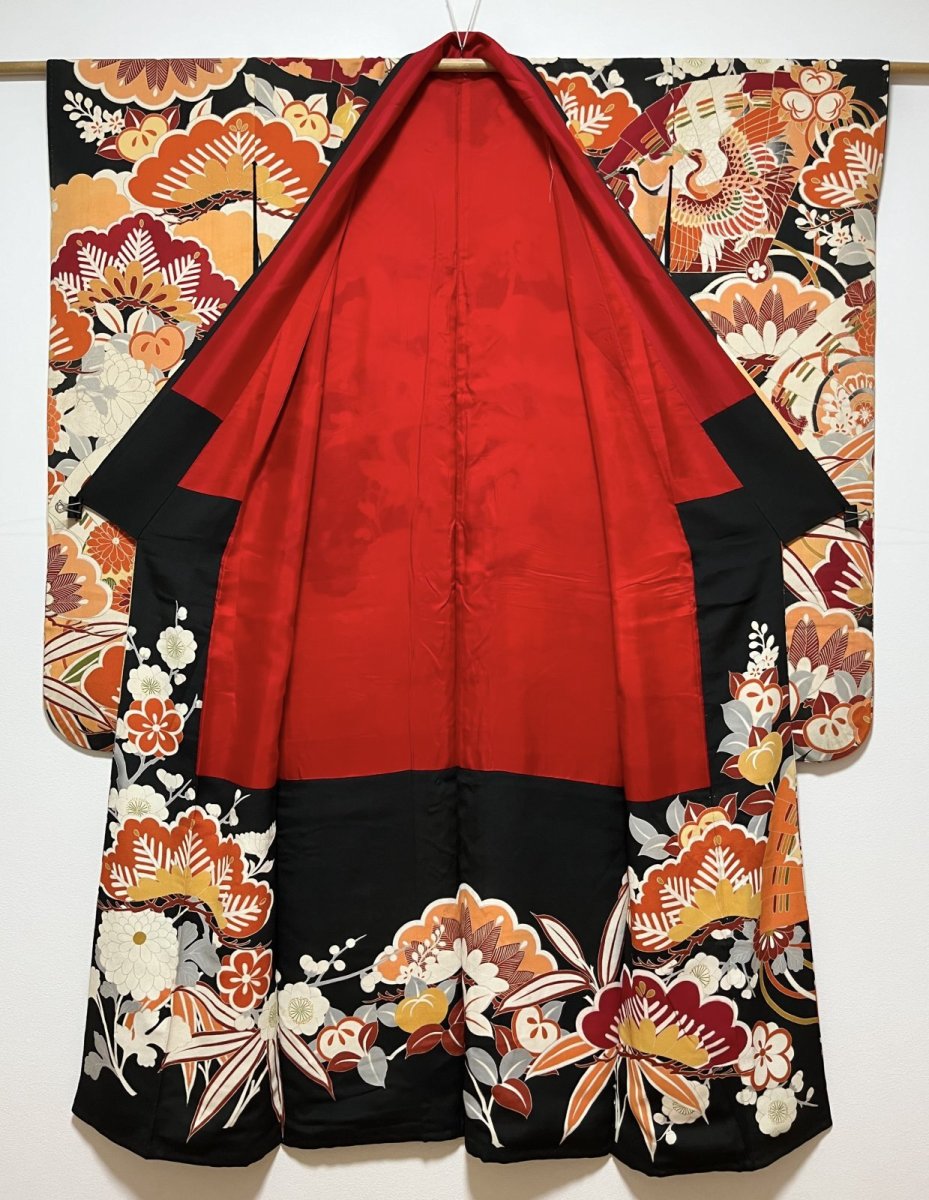 Photo3: JAPANESE KIMONO SILK ANTIQUE FURISODE / SHO-CHIKU-BAI / FAN & CRANE / EMBROIDERY (3)