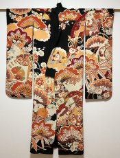 Photo2: JAPANESE KIMONO SILK ANTIQUE FURISODE / SHO-CHIKU-BAI / FAN & CRANE / EMBROIDERY (2)