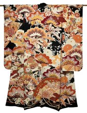 Photo1: JAPANESE KIMONO SILK ANTIQUE FURISODE / SHO-CHIKU-BAI / FAN & CRANE / EMBROIDERY (1)
