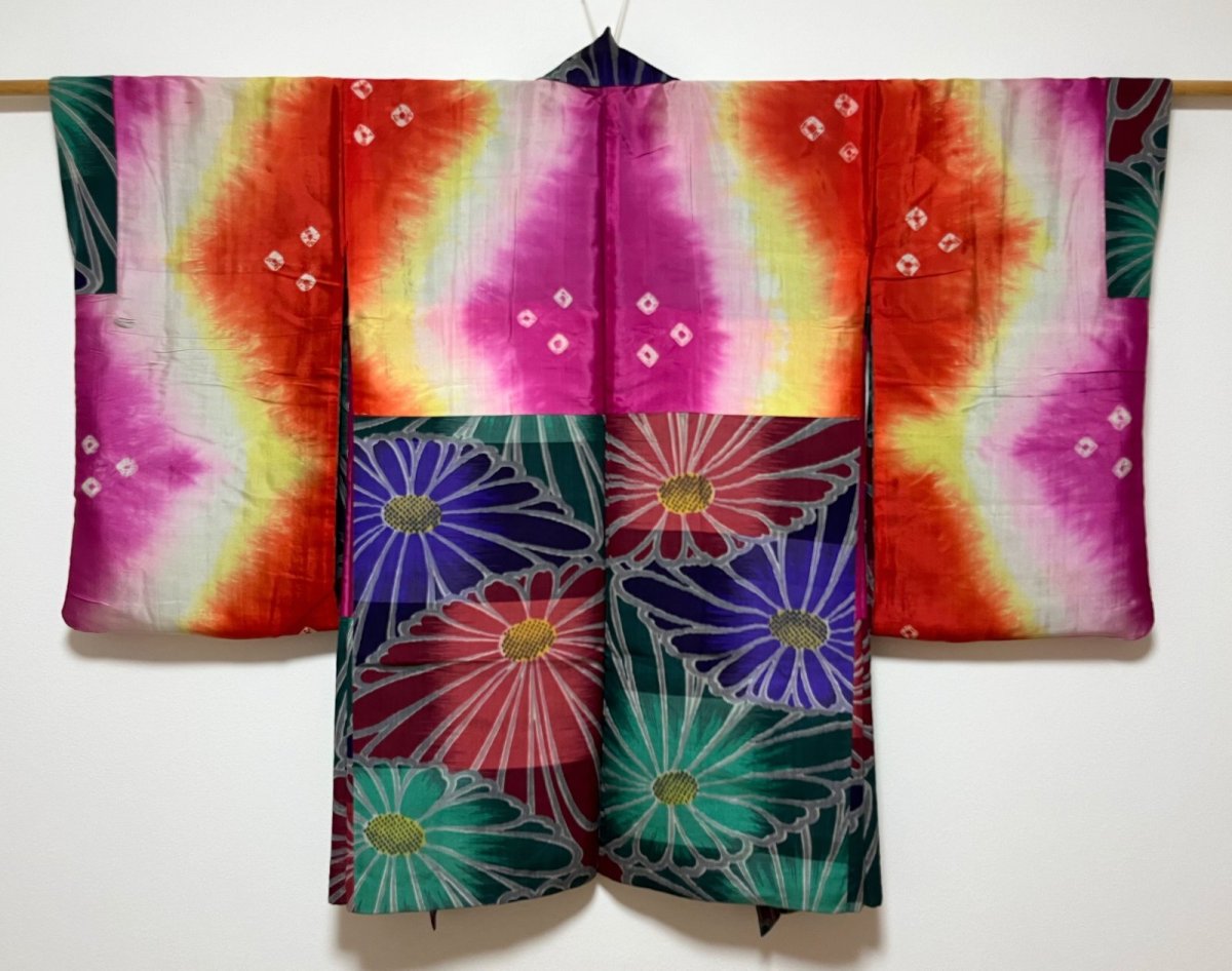 Photo3: JAPANESE KIMONO MIXED WEAVE ANTIQUE HAORI / MEISEN / CHRYSANTHEMUM (3)