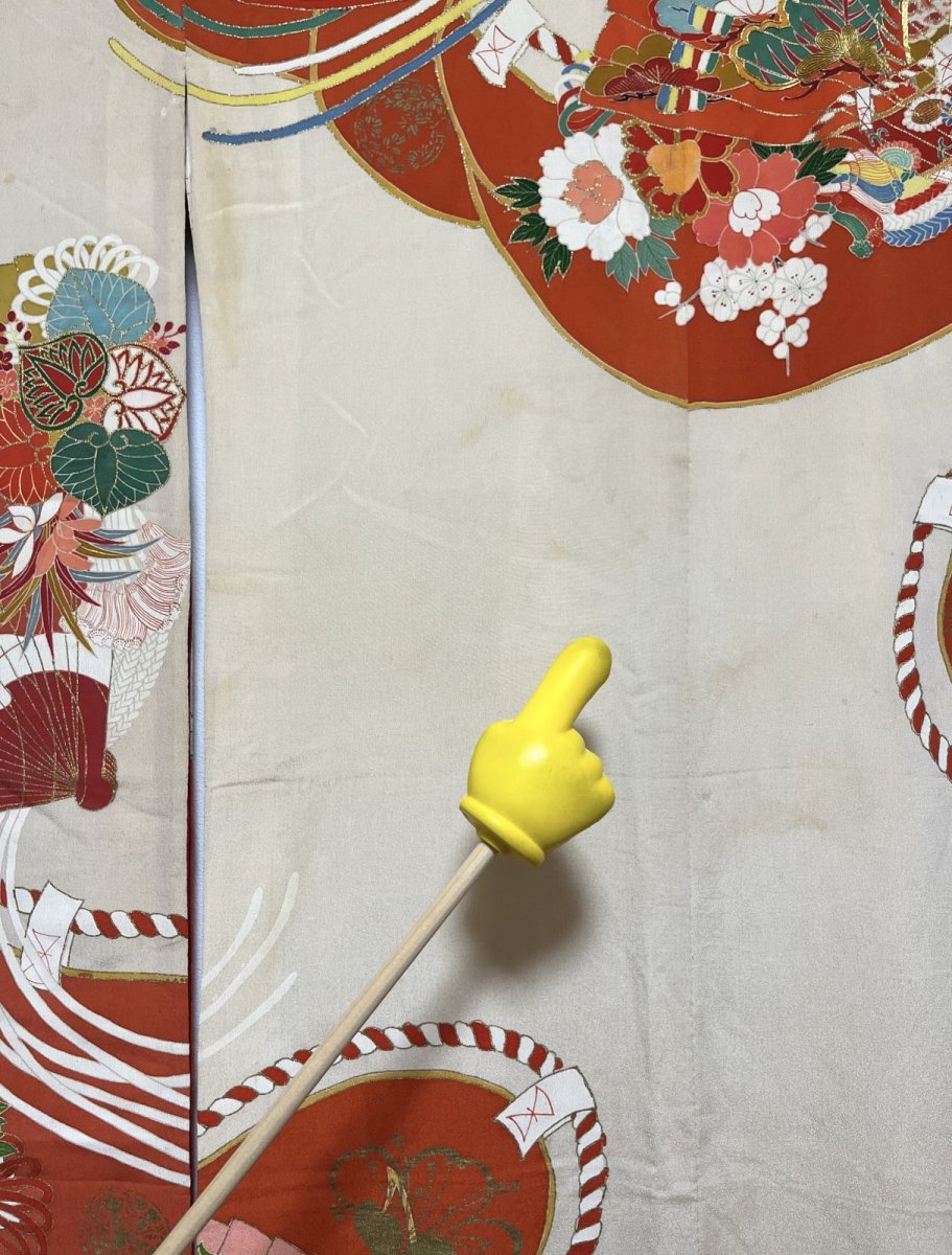 Photo13: JAPANESE KIMONO SILK ANTIQUE FURISODE / MANMAKU / FAN / EMBROIDERY (13)