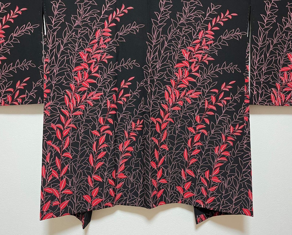 Photo4: JAPANESE KIMONO SILK HAORI / LEAF / BLACK / UNUSED (4)