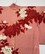 Photo5: JAPANESE KIMONO SILK ANTIQUE HAORI / PEONY / SAYAGATA / EMBROIDERY / CORAL (5)