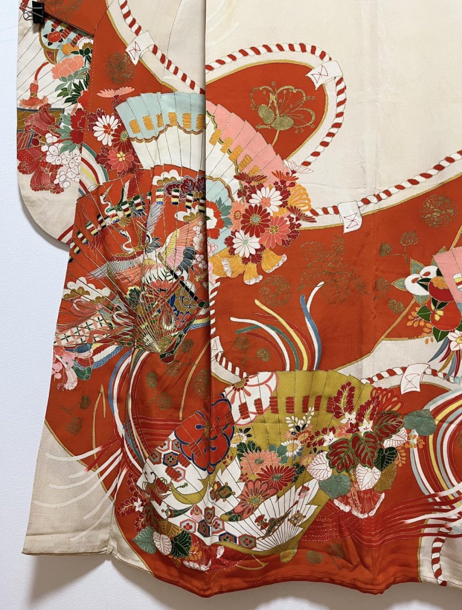 Photo8: JAPANESE KIMONO SILK ANTIQUE FURISODE / MANMAKU / FAN / EMBROIDERY (8)
