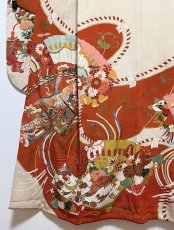 Photo8: JAPANESE KIMONO SILK ANTIQUE FURISODE / MANMAKU / FAN / EMBROIDERY (8)