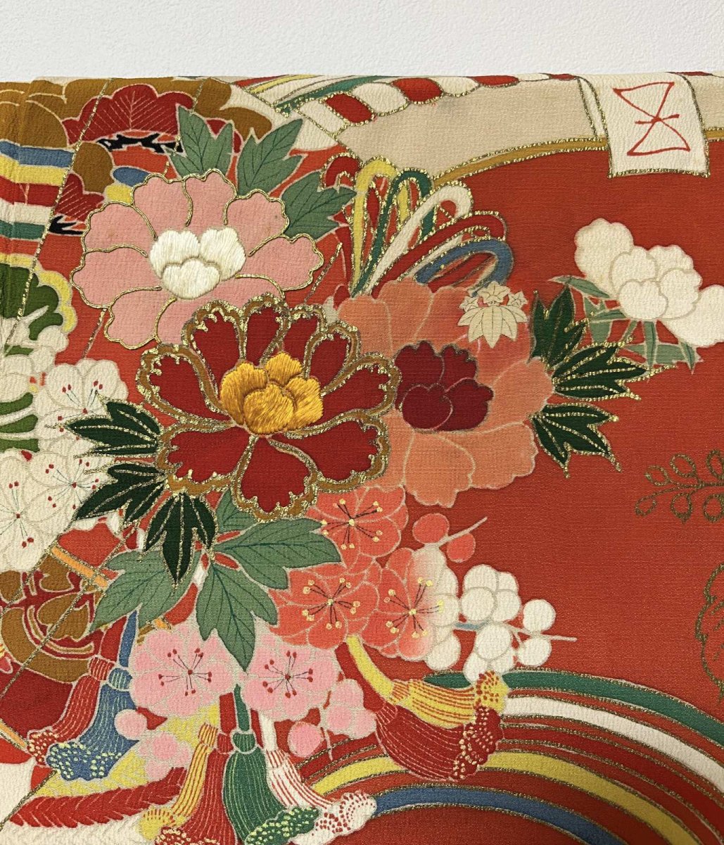 Photo5: JAPANESE KIMONO SILK ANTIQUE FURISODE / MANMAKU / FAN / EMBROIDERY (5)