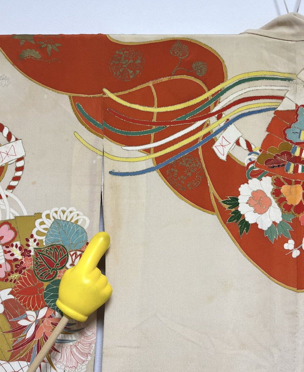 Photo12: JAPANESE KIMONO SILK ANTIQUE FURISODE / MANMAKU / FAN / EMBROIDERY (12)