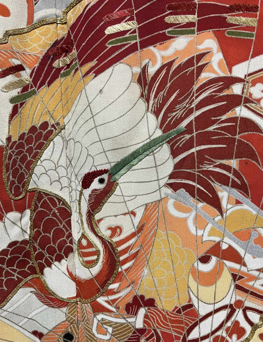 Photo12: JAPANESE KIMONO SILK ANTIQUE FURISODE / SHO-CHIKU-BAI / FAN & CRANE / EMBROIDERY (12)