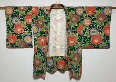 Photo2: JAPANESE KIMONO SILK HAORI / CHRYSANTHEMUM / KARAKUSA / GREEN / CHIRIMEN (2)