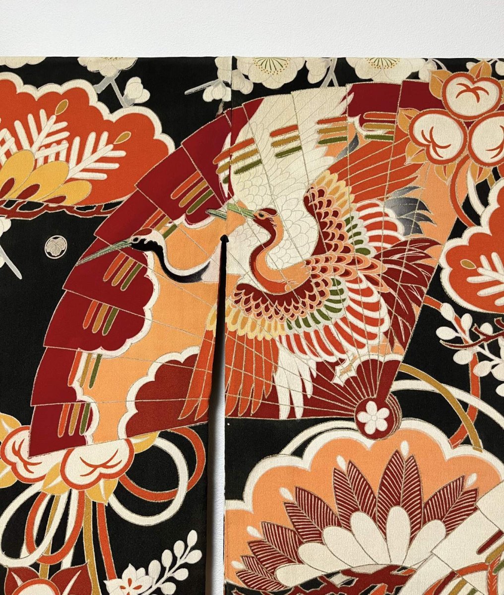 Photo10: JAPANESE KIMONO SILK ANTIQUE FURISODE / SHO-CHIKU-BAI / FAN & CRANE / EMBROIDERY (10)