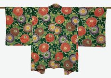 Photo1: JAPANESE KIMONO SILK HAORI / CHRYSANTHEMUM / KARAKUSA / GREEN / CHIRIMEN (1)