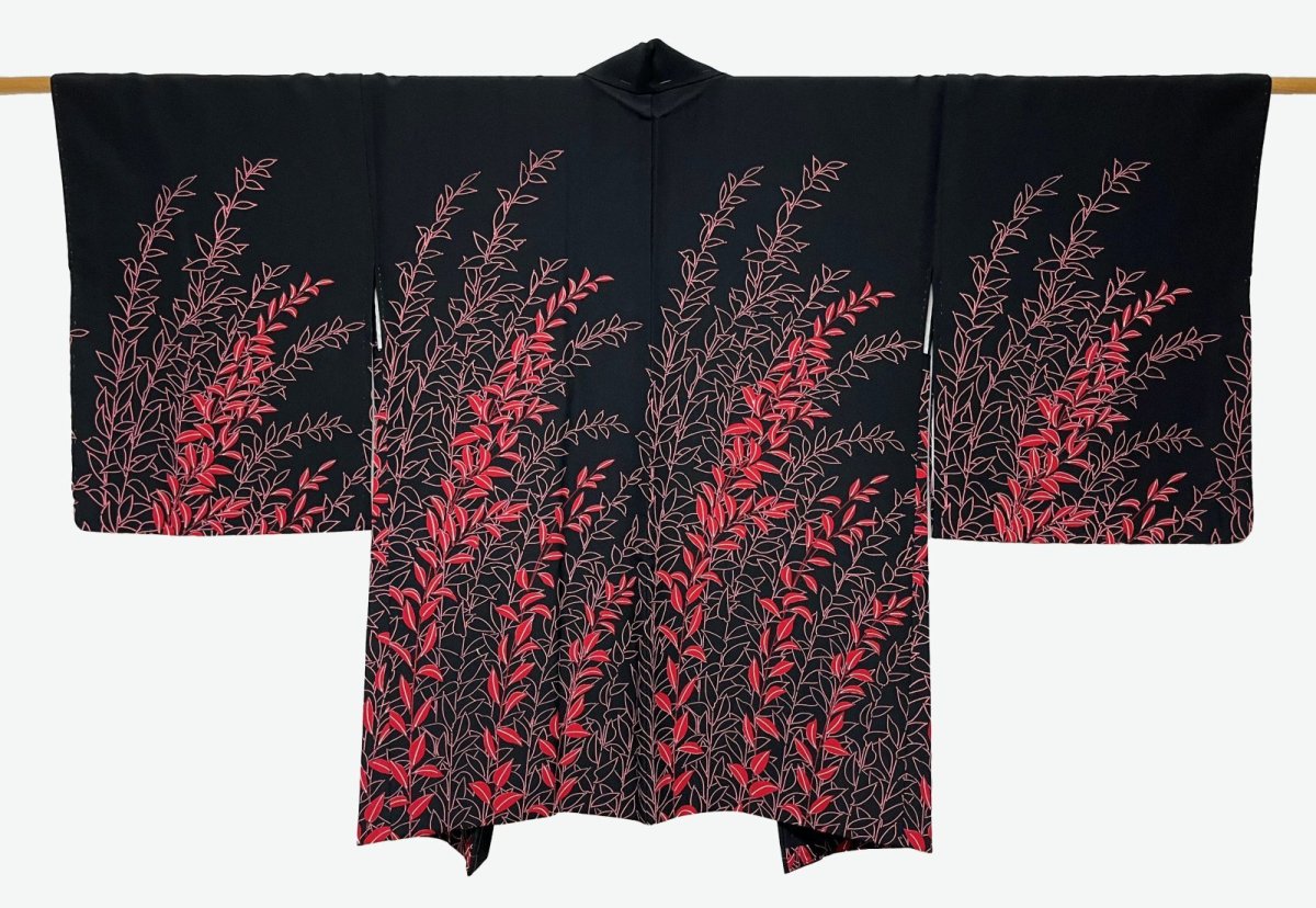 Photo1: JAPANESE KIMONO SILK HAORI / LEAF / BLACK / UNUSED (1)