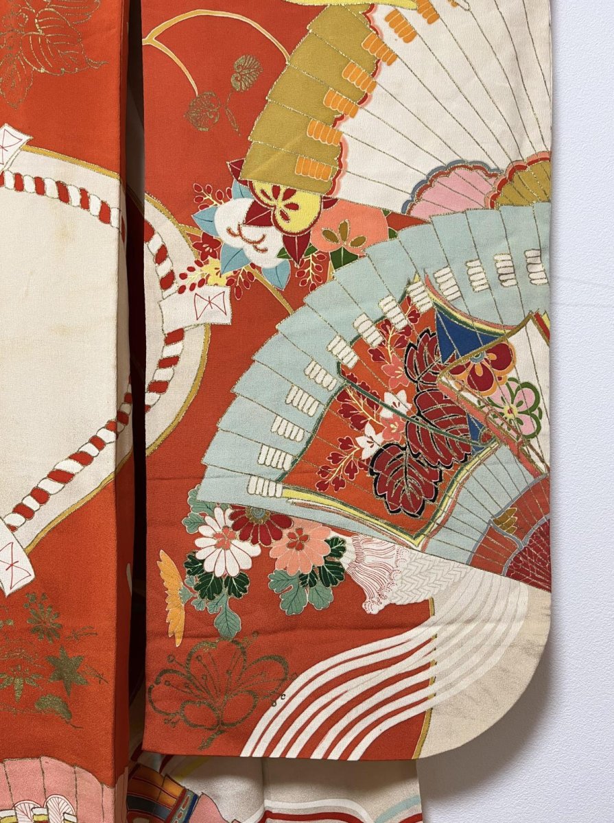 Photo6: JAPANESE KIMONO SILK ANTIQUE FURISODE / MANMAKU / FAN / EMBROIDERY (6)