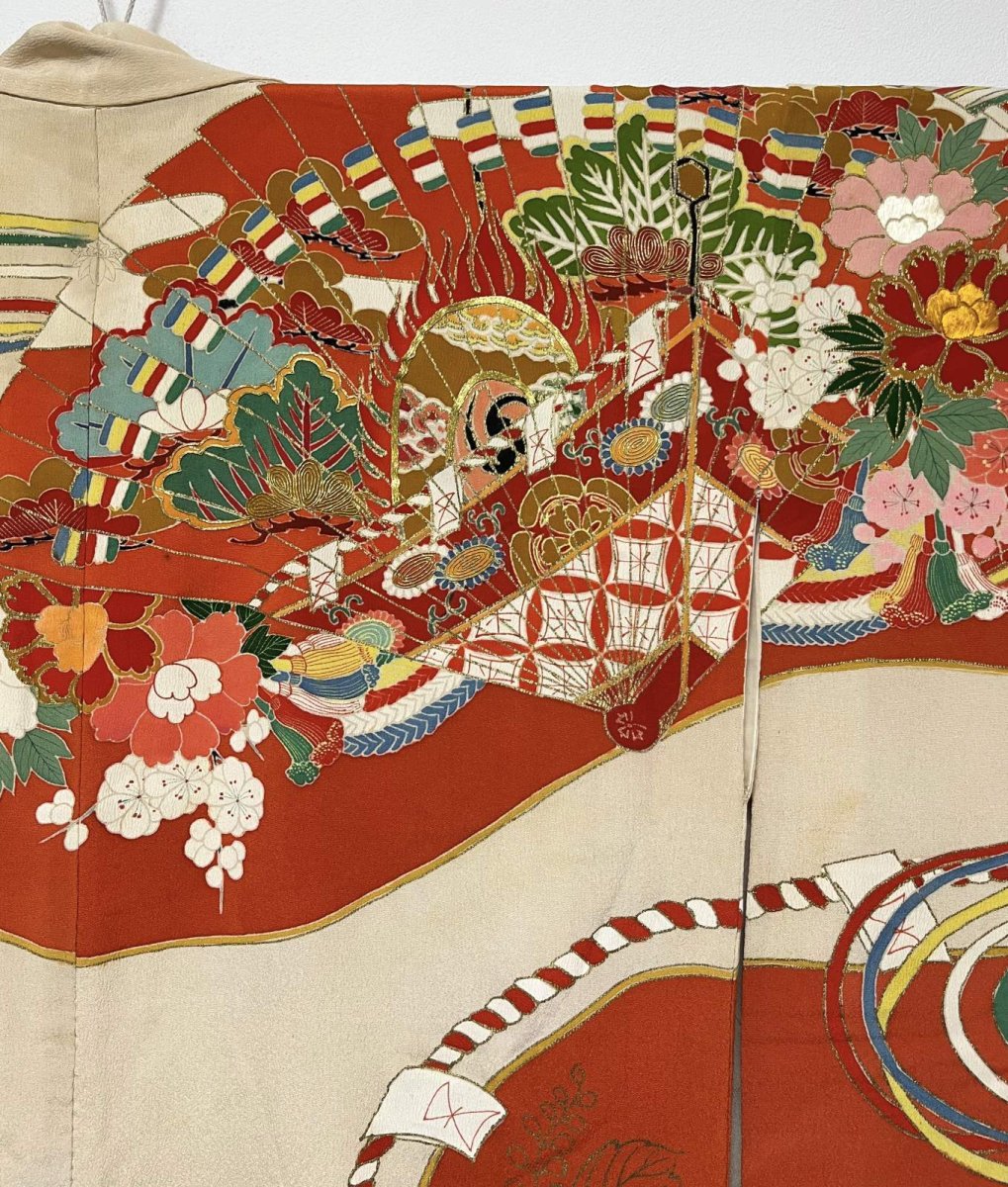 Photo4: JAPANESE KIMONO SILK ANTIQUE FURISODE / MANMAKU / FAN / EMBROIDERY (4)