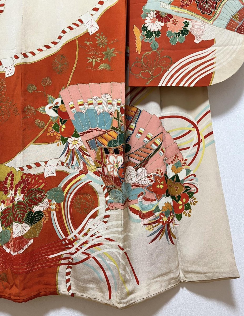 Photo7: JAPANESE KIMONO SILK ANTIQUE FURISODE / MANMAKU / FAN / EMBROIDERY (7)