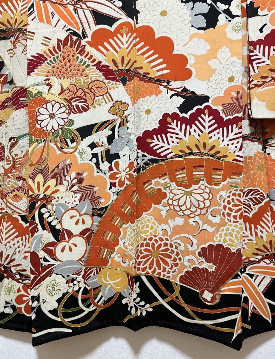 Photo7: JAPANESE KIMONO SILK ANTIQUE FURISODE / SHO-CHIKU-BAI / FAN & CRANE / EMBROIDERY (7)