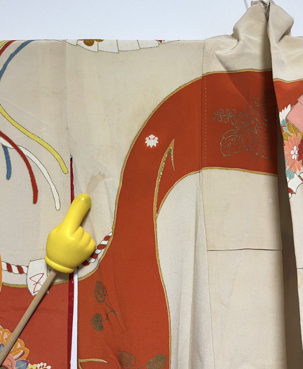 Photo14: JAPANESE KIMONO SILK ANTIQUE FURISODE / MANMAKU / FAN / EMBROIDERY (14)