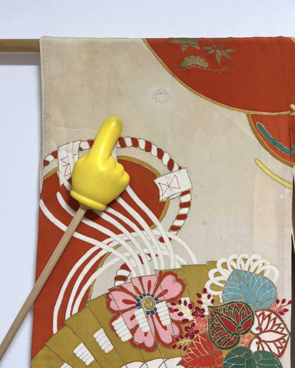 Photo11: JAPANESE KIMONO SILK ANTIQUE FURISODE / MANMAKU / FAN / EMBROIDERY (11)