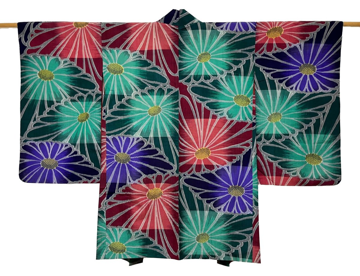 Photo1: JAPANESE KIMONO MIXED WEAVE ANTIQUE HAORI / MEISEN / CHRYSANTHEMUM (1)