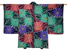 Photo1: JAPANESE KIMONO MIXED WEAVE ANTIQUE HAORI / MEISEN / CHRYSANTHEMUM (1)