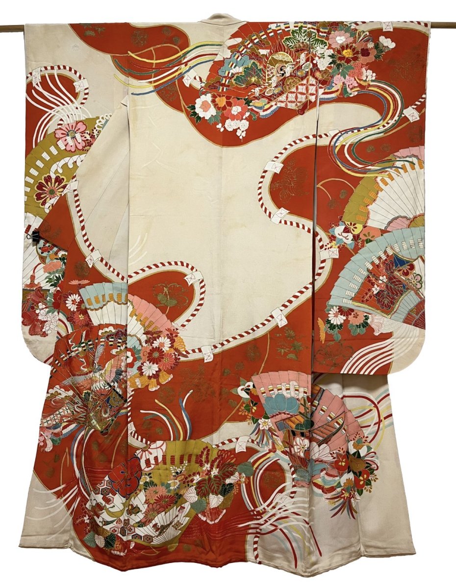 Photo1: JAPANESE KIMONO SILK ANTIQUE FURISODE / MANMAKU / FAN / EMBROIDERY (1)
