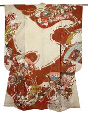 Photo1: JAPANESE KIMONO SILK ANTIQUE FURISODE / MANMAKU / FAN / EMBROIDERY (1)