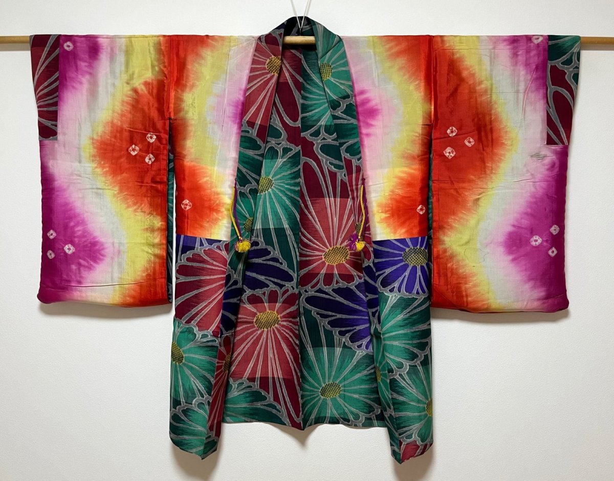 Photo4: JAPANESE KIMONO MIXED WEAVE ANTIQUE HAORI / MEISEN / CHRYSANTHEMUM (4)