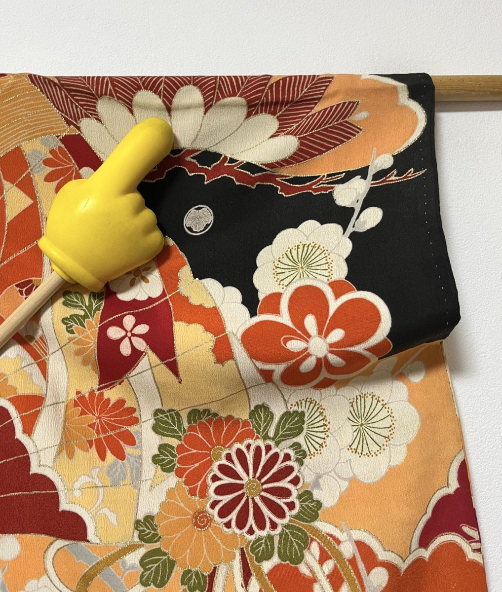 Photo14: JAPANESE KIMONO SILK ANTIQUE FURISODE / SHO-CHIKU-BAI / FAN & CRANE / EMBROIDERY (14)