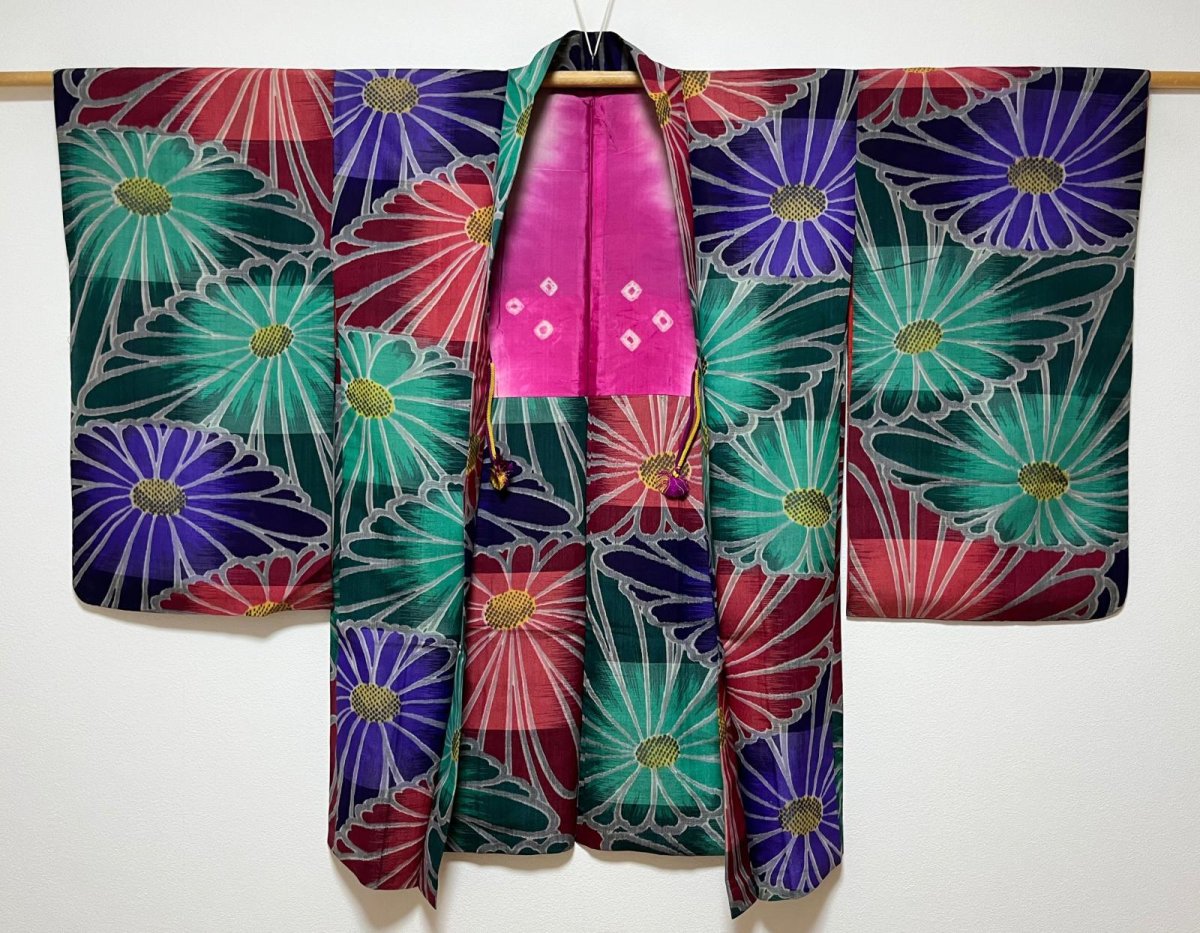 Photo2: JAPANESE KIMONO MIXED WEAVE ANTIQUE HAORI / MEISEN / CHRYSANTHEMUM (2)