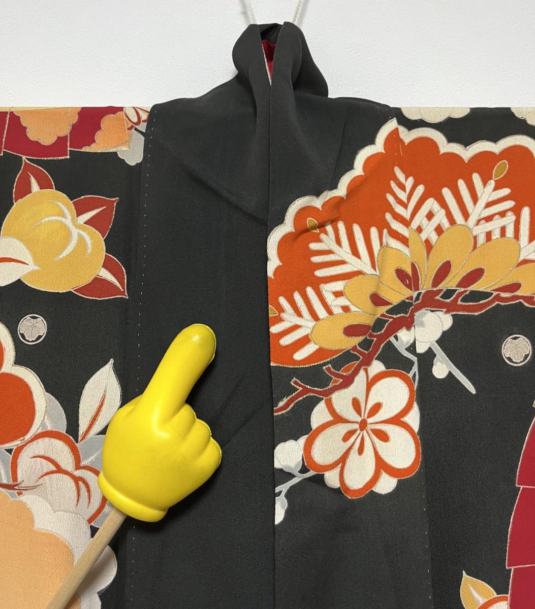 Photo15: JAPANESE KIMONO SILK ANTIQUE FURISODE / SHO-CHIKU-BAI / FAN & CRANE / EMBROIDERY (15)