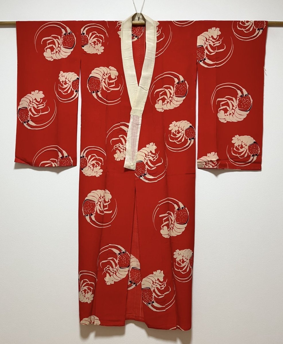 Photo2: JAPANESE KIMONO SILK ANTIQUE JUBAN / JAPANESE LOBSTER / RED  (2)