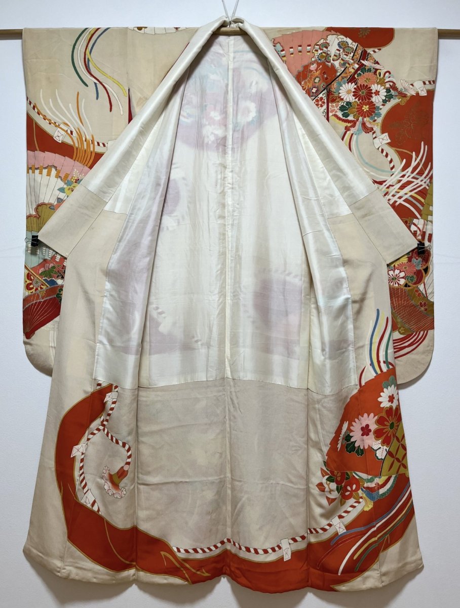 Photo3: JAPANESE KIMONO SILK ANTIQUE FURISODE / MANMAKU / FAN / EMBROIDERY (3)