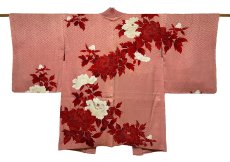 Photo1: JAPANESE KIMONO SILK ANTIQUE HAORI / PEONY / SAYAGATA / EMBROIDERY / CORAL (1)