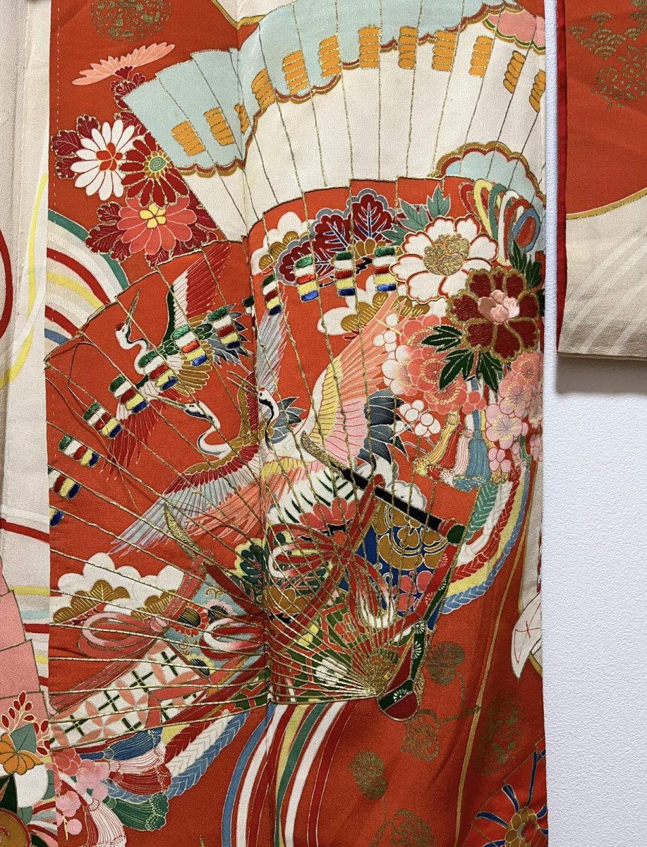 Photo9: JAPANESE KIMONO SILK ANTIQUE FURISODE / MANMAKU / FAN / EMBROIDERY (9)